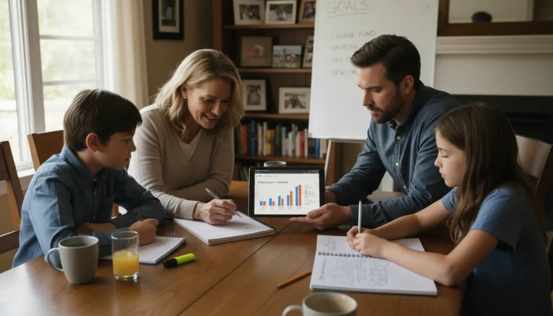 Famille discutant et planifiant son budget familial ensemble