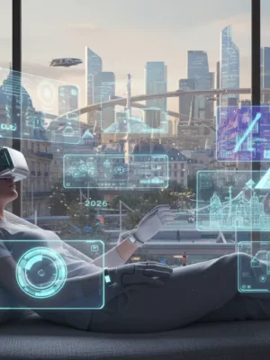 Une personne profitant de loisirs numériques immersifs en France en 2026, avec des lunettes de réalité virtuelle sur un canapé.