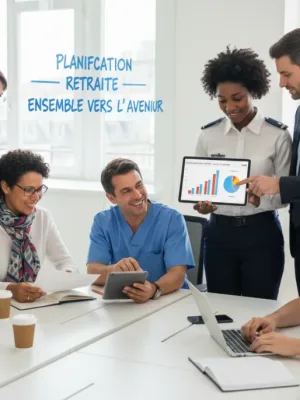 Groupe de fonctionnaires français discutant de leurs droits à la retraite en 2026 avec un conseiller, illustrant la préparation et la planification.