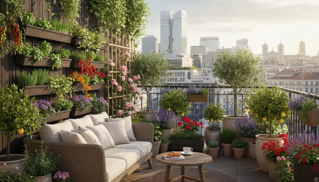 Balcon urbain verdoyant en France avec plantes comestibles et fleuries