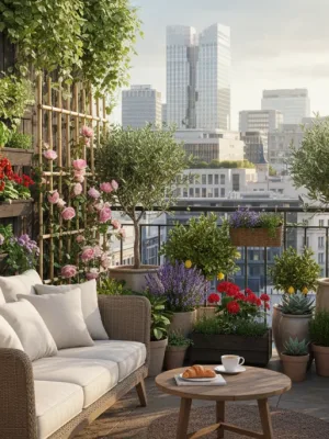 Balcon urbain verdoyant en France avec plantes comestibles et fleuries