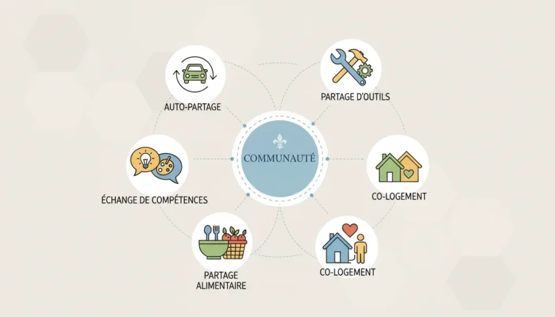Illustration d'icônes représentant les diverses facettes de l'économie collaborative en France : covoiturage, partage d'outils, colocation, partage alimentaire et échange de compétences.