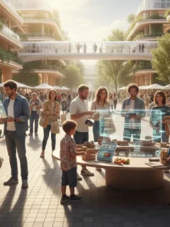 Groupe de personnes partageant des biens et services dans un cadre urbain moderne en France, symbolisant la consommation collaborative.
