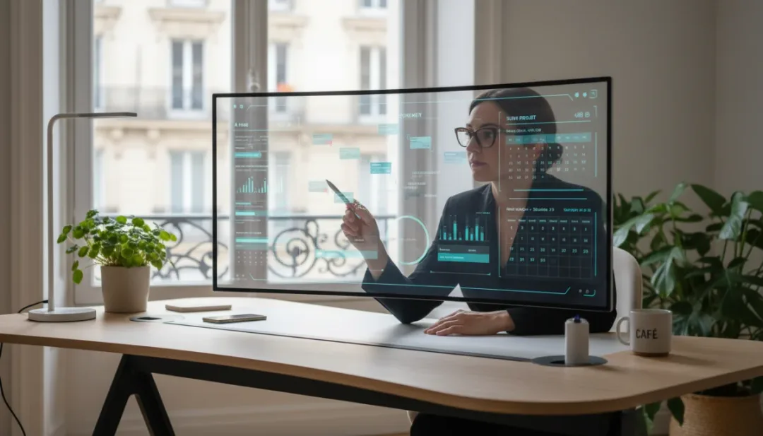 Personne concentrée utilisant des outils numériques avancés pour la planification et l'organisation de ses tâches quotidiennes en France en 2026.