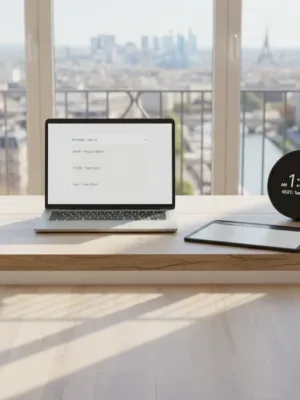 Bureau moderne et organisé en France en 2026, avec ordinateur portable, tablette et agenda numérique, illustrant une gestion du temps efficace.
