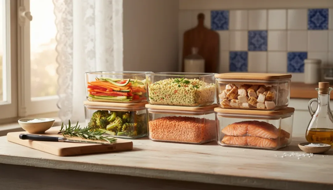 Organisation de repas préparés à l'avance pour une alimentation saine et rapide.
