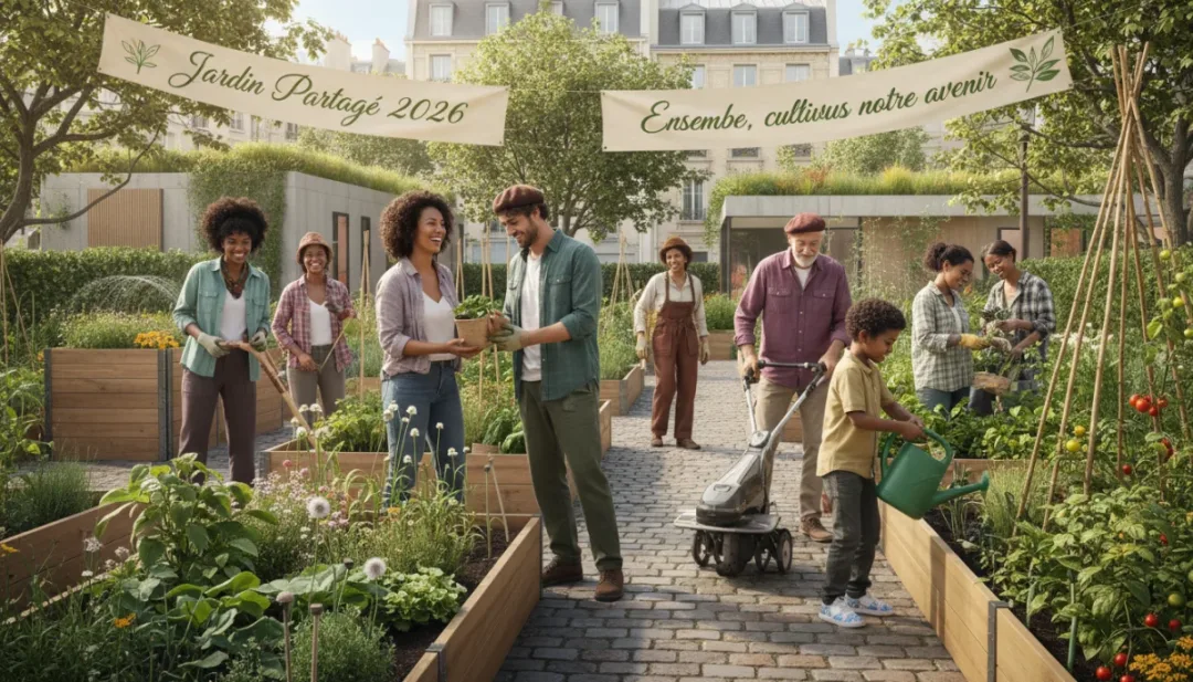 Voisins français de 2026 participant à un jardin communautaire, illustrant la collaboration et l'engagement citoyen.