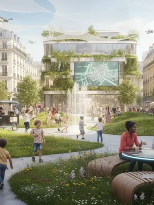Scène de voisinage dynamique en France en 2026 avec des résidents interagissant joyeusement dans un parc urbain, symbolisant le renforcement du lien social.