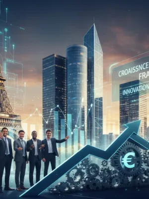 Graphiques de croissance économique avec la Tour Eiffel et des symboles technologiques, représentant les prévisions du PIB français en 2026.