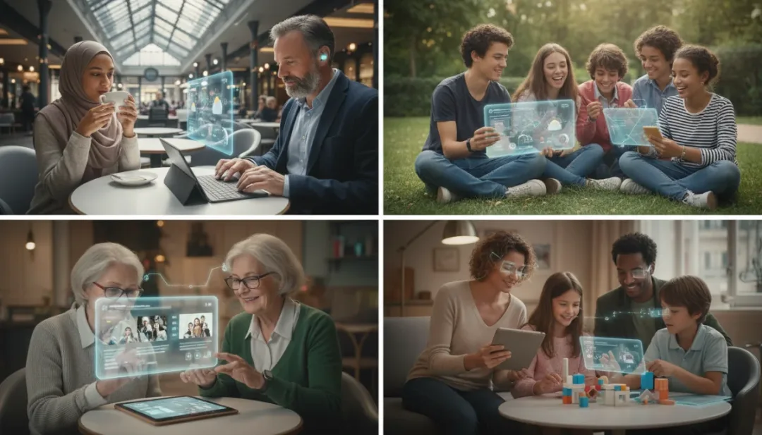 Français utilisant des réseaux sociaux en 2026, montrant une interaction équilibrée avec leurs appareils numériques.