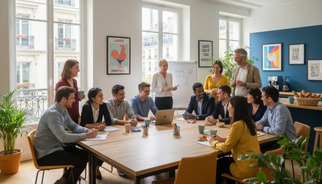 Groupe diversifié d'employés souriants collaborant dans un bureau inclusif en France