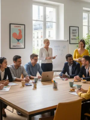 Groupe diversifié d'employés souriants collaborant dans un bureau inclusif en France