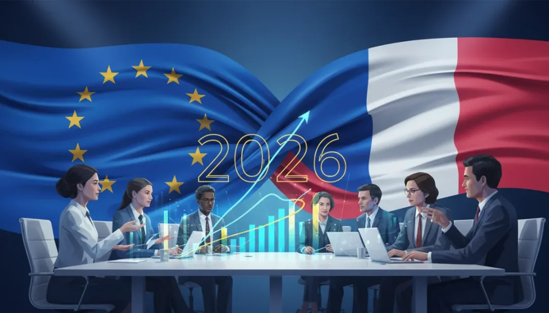 Drapeaux européen et français entrelacés, symbolisant l'impact des régulations sur l'économie française.