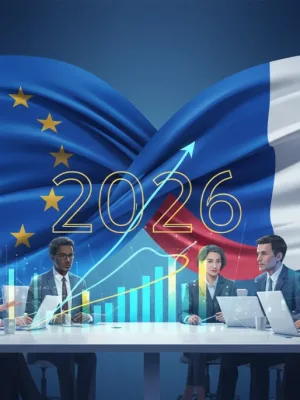 Drapeaux européen et français entrelacés, symbolisant l'impact des régulations sur l'économie française.