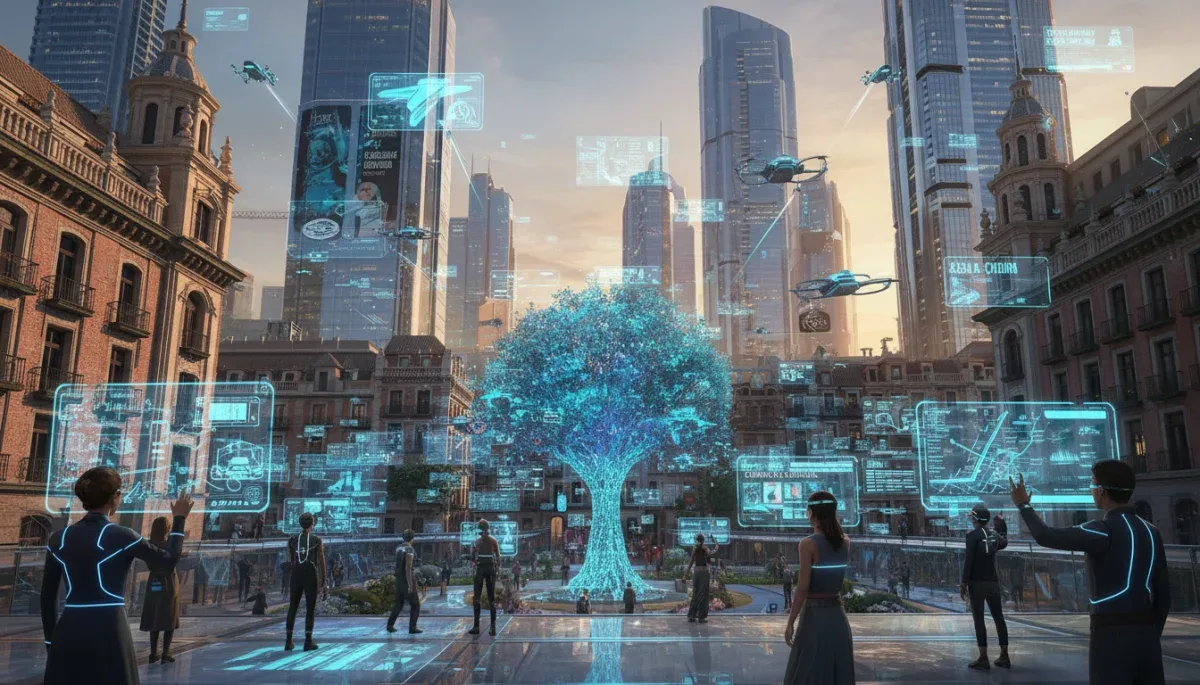 Paisaje urbano futurista en España con elementos de realidad aumentada y metaverso