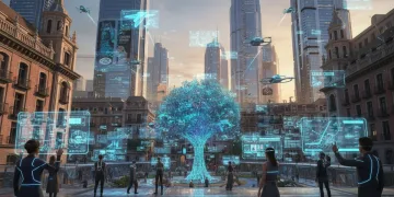 Paisaje urbano futurista en España con elementos de realidad aumentada y metaverso