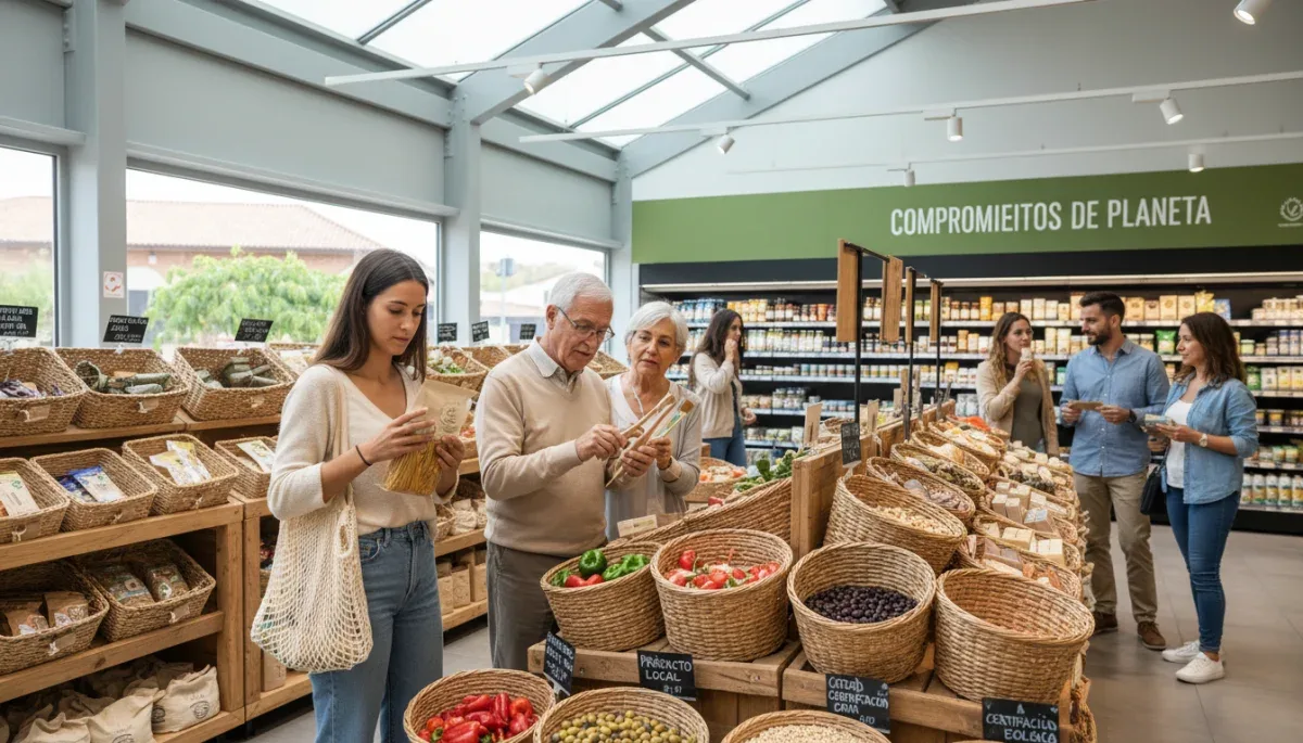 Consumidores españoles examinando productos sostenibles en un supermercado, reflejando el aumento de la demanda por opciones éticas y ecológicas.