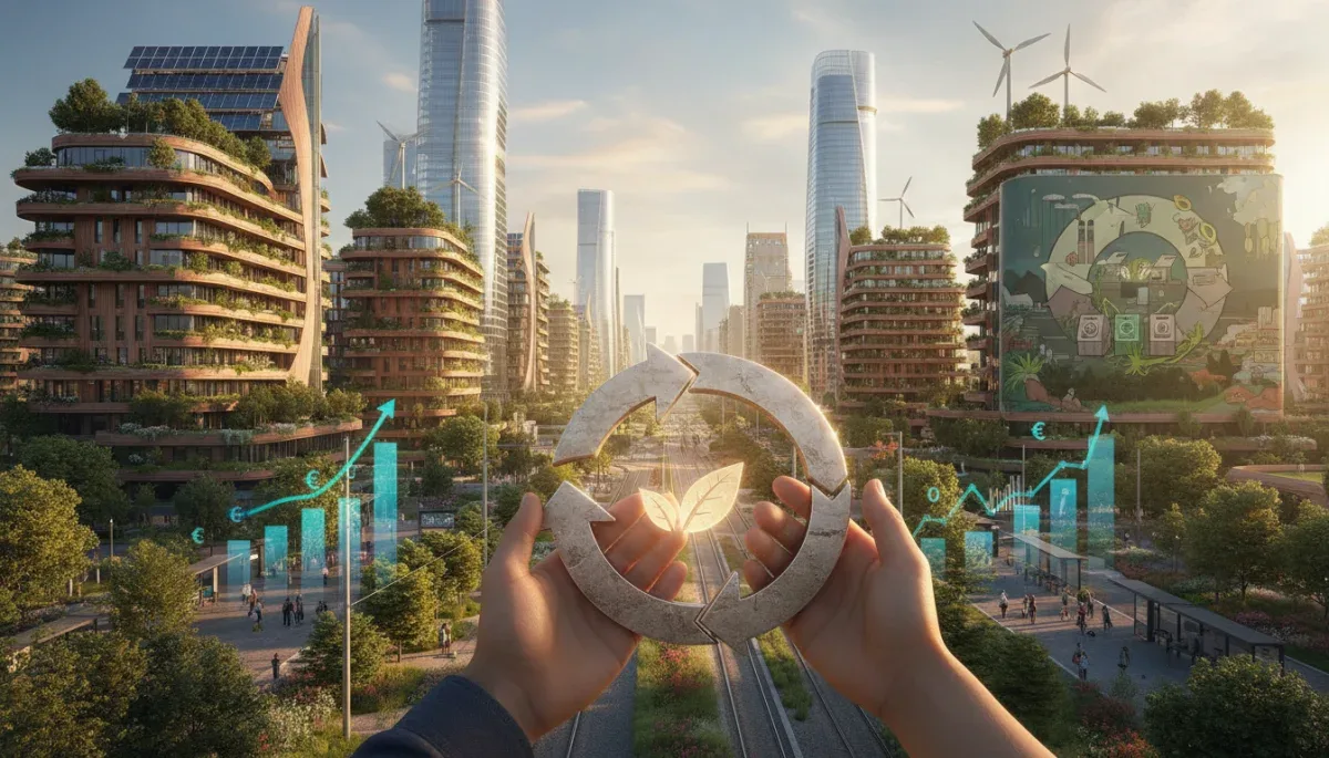 Paisaje urbano español sostenible con elementos de economía circular y crecimiento financiero.