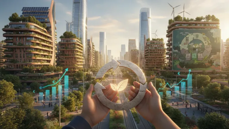 Paisaje urbano español sostenible con elementos de economía circular y crecimiento financiero.