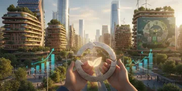 Paisaje urbano español sostenible con elementos de economía circular y crecimiento financiero.