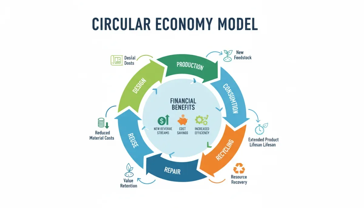 Infografía detallada de las fases de un modelo de economía circular y sus beneficios económicos.