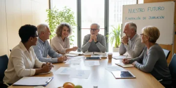 Grupo de jubilados españoles debatiendo sobre la reforma de las pensiones de 2026
