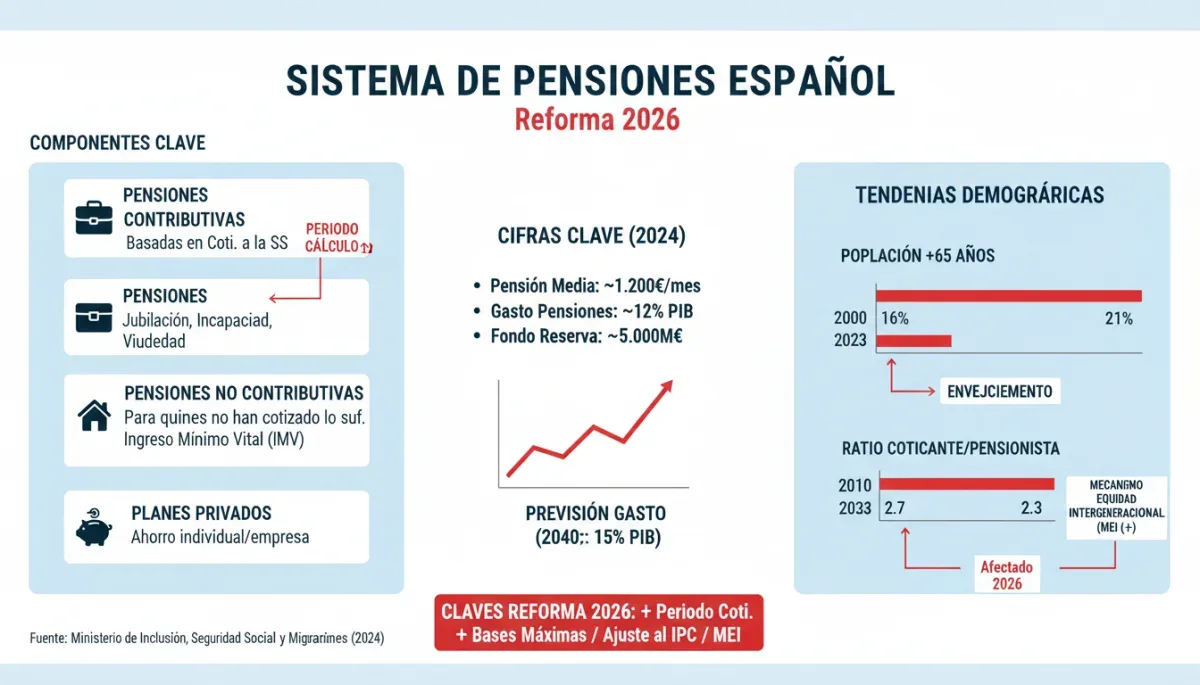 Infografía explicativa del sistema de pensiones español y la reforma de 2026