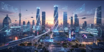 Paisaje urbano futurista de Madrid con elementos tecnológicos que simbolizan la innovación empresarial en España para 2026.