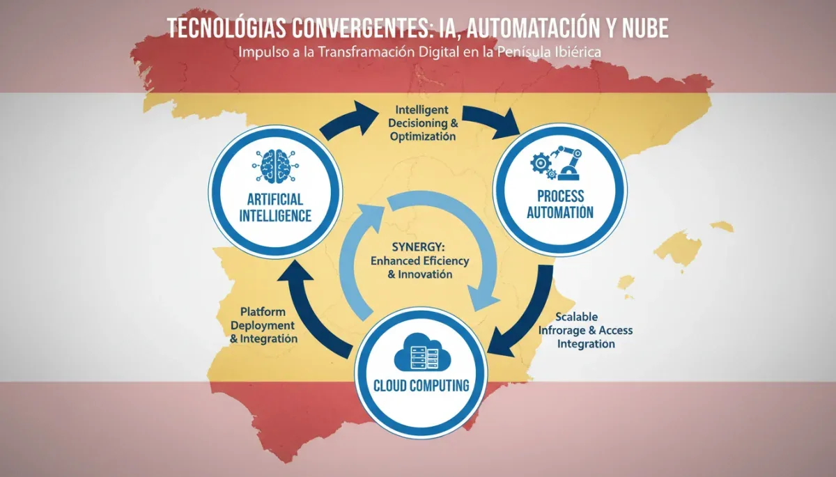 Infografía que muestra la interconexión de la IA, la automatización y la nube impulsando la productividad empresarial.