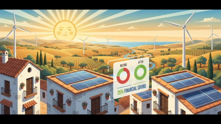 Paisaje español con fuentes de energía renovable y PYMES beneficiadas