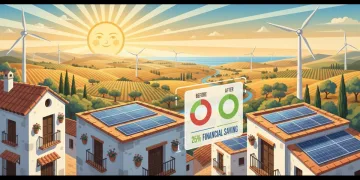 Paisaje español con fuentes de energía renovable y PYMES beneficiadas
