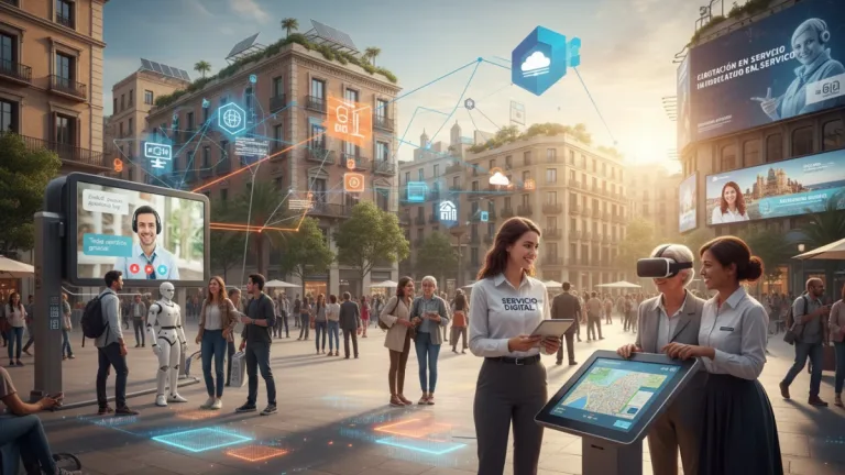 Clientes satisfechos en España interactuando con servicios digitales y presenciales