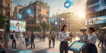 Clientes satisfechos en España interactuando con servicios digitales y presenciales