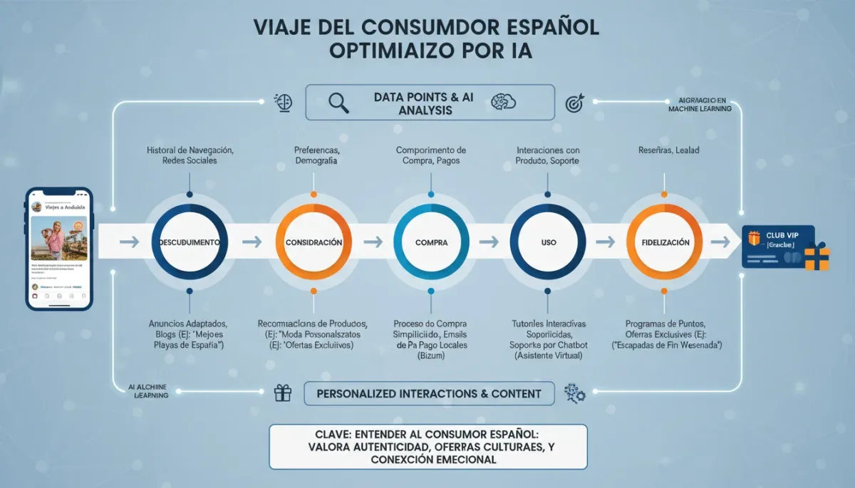 Infografía del viaje del cliente optimizado por inteligencia artificial en el comercio electrónico español.