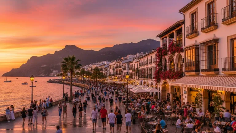 Paisaje costero español al atardecer, con turistas disfrutando y reflejando la recuperación del sector turístico.