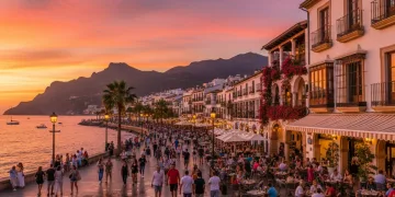 Paisaje costero español al atardecer, con turistas disfrutando y reflejando la recuperación del sector turístico.