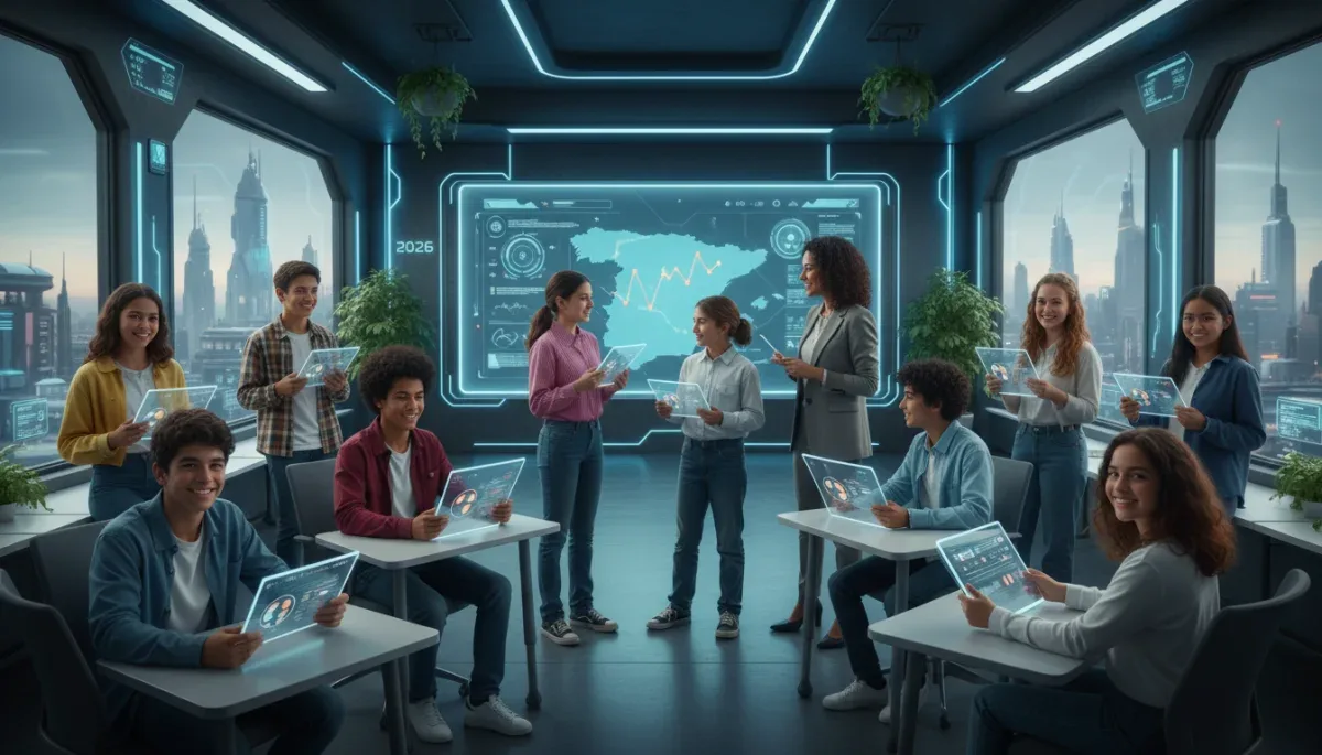 Estudiantes españoles interactuando con tecnología en un aula moderna, reflejando la reforma educativa de 2026.