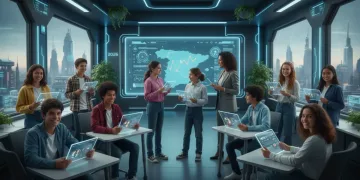 Estudiantes españoles interactuando con tecnología en un aula moderna, reflejando la reforma educativa de 2026.