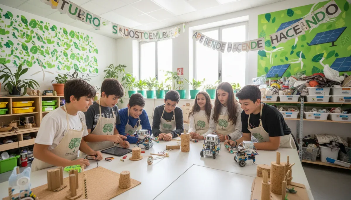 Alumnos españoles colaborando en un proyecto educativo con robots y materiales sostenibles, fomentando la creatividad y el trabajo en equipo.