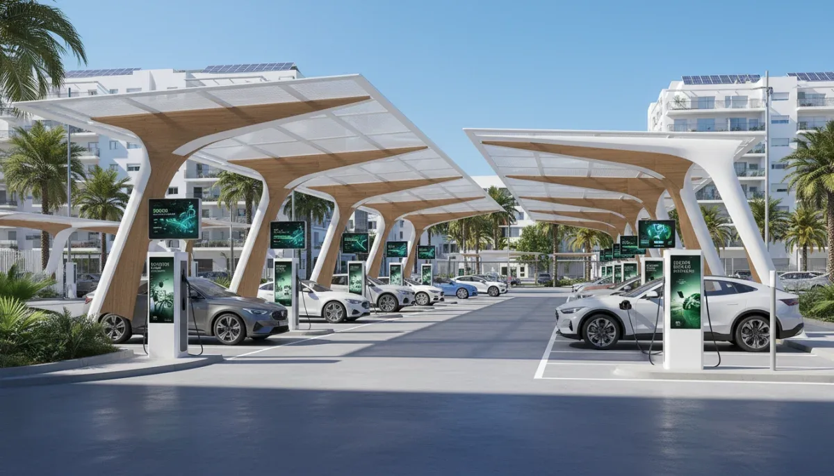 Punto de recarga avanzado para vehículos eléctricos en una ciudad española, reflejando el futuro de la movilidad sostenible.