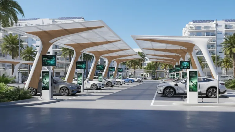 Punto de recarga avanzado para vehículos eléctricos en una ciudad española, reflejando el futuro de la movilidad sostenible.