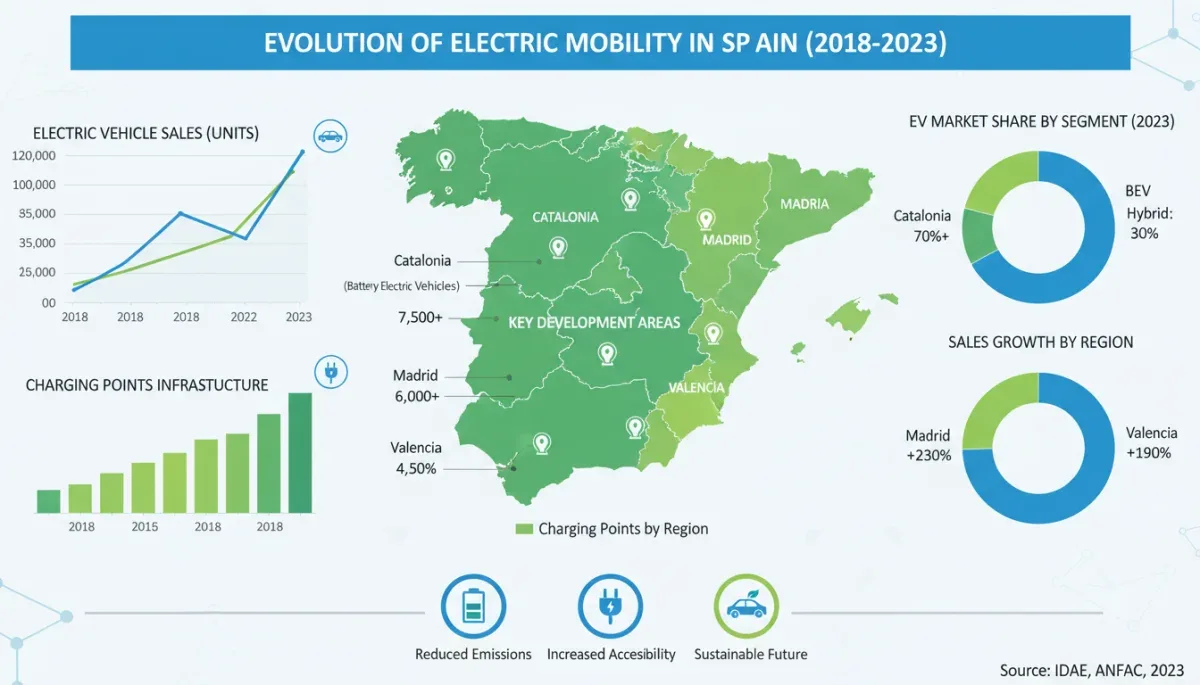 Infografía sobre el crecimiento de ventas de vehículos eléctricos y puntos de carga en España.