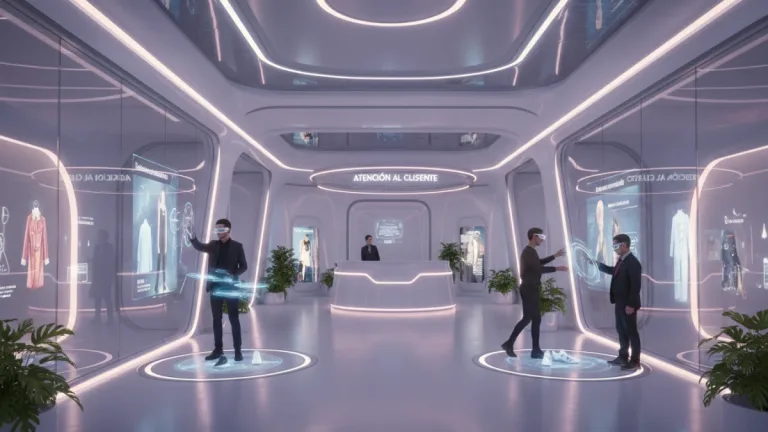 Interior de una tienda retail futurista en España con pantallas interactivas