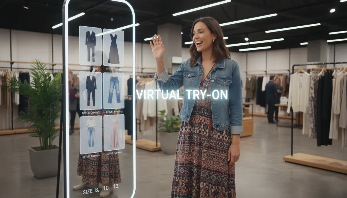 Cliente probándose ropa virtualmente con un espejo de realidad aumentada en una tienda
