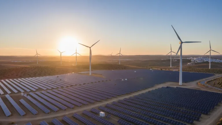Parque solar y eólico moderno en España al atardecer, representando el futuro energético renovable.