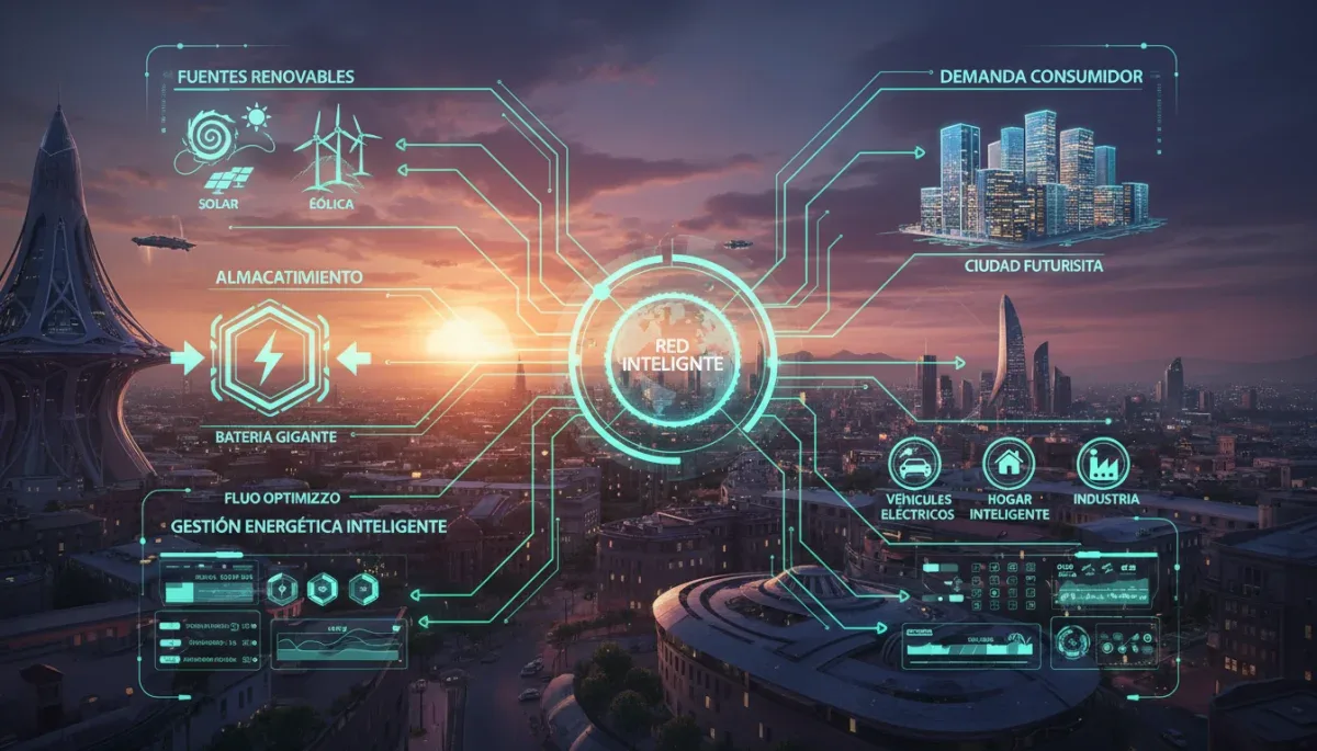 Esquema de una red inteligente integrando energías renovables en un contexto urbano español.