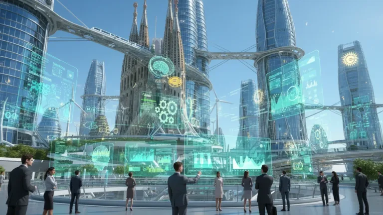 Panorama urbano futurista de España con elementos digitales y energías verdes, simbolizando el mercado laboral de 2026.