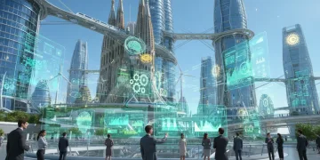 Panorama urbano futurista de España con elementos digitales y energías verdes, simbolizando el mercado laboral de 2026.