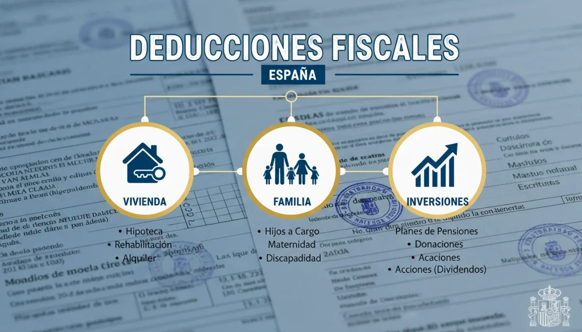 Infografía de deducciones fiscales clave para la declaración de la renta en España.