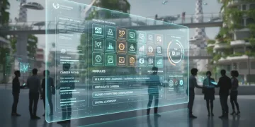 Interfaz digital moderna con módulos de formación profesional en línea y profesionales colaborando en España.